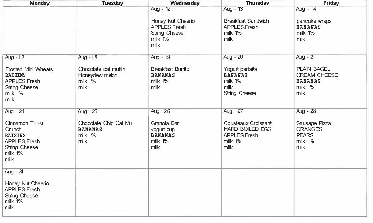 August Breakfast Menu