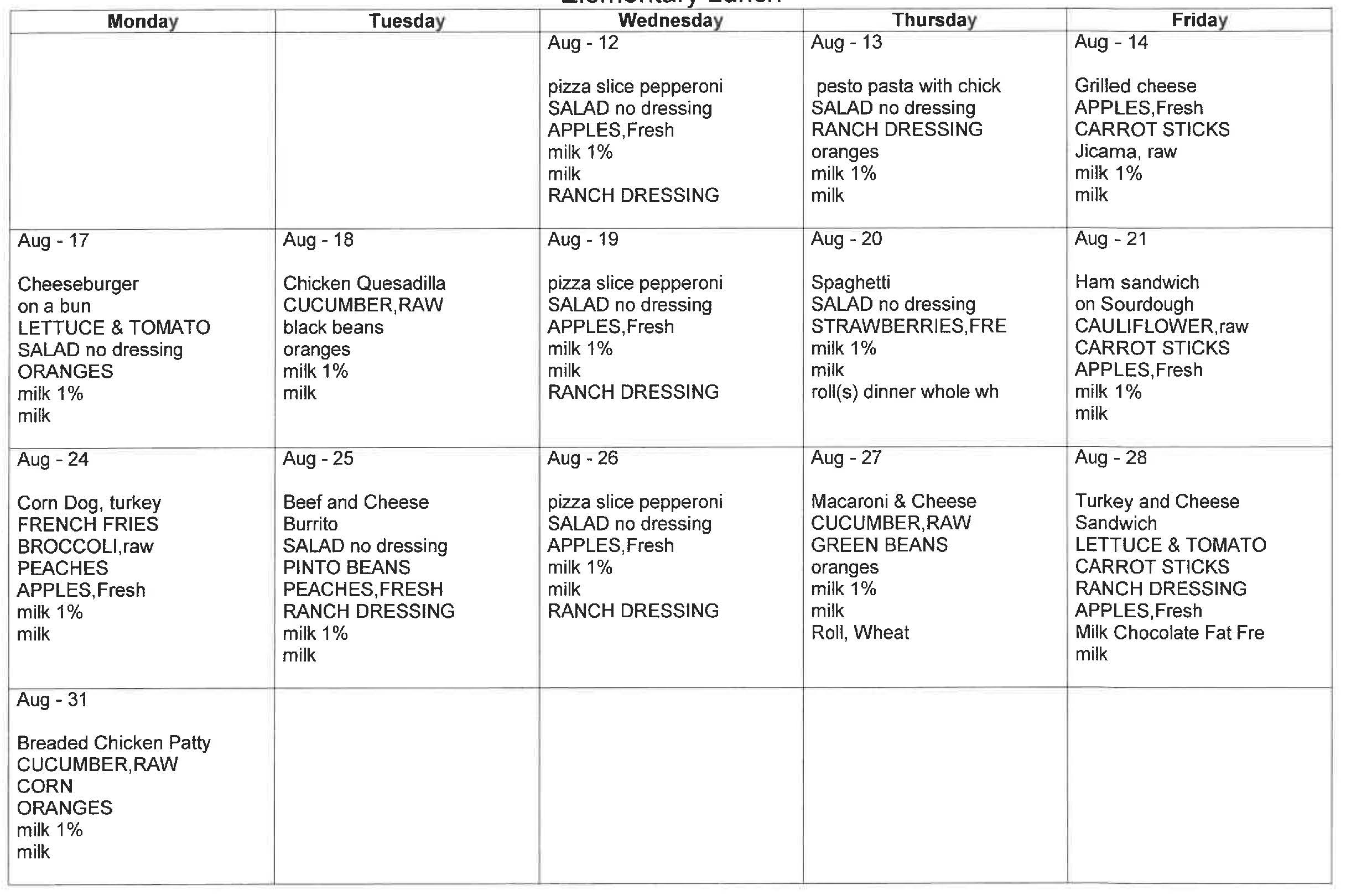 August Lunch Menu