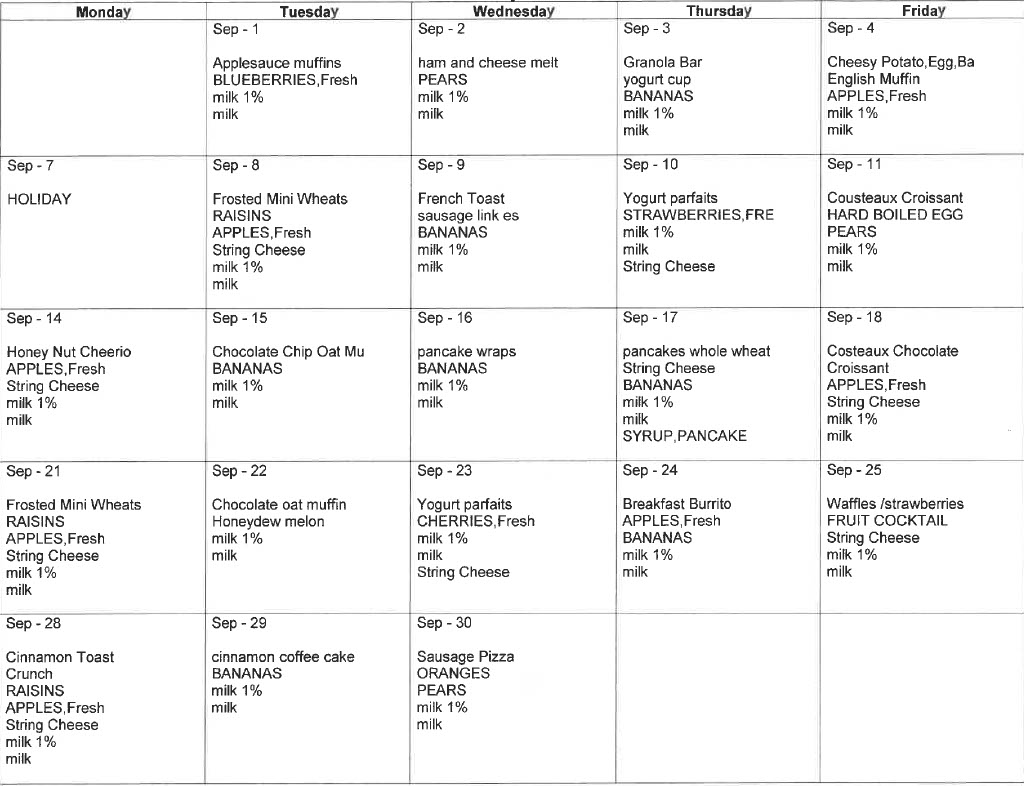 September Breakfast Menu