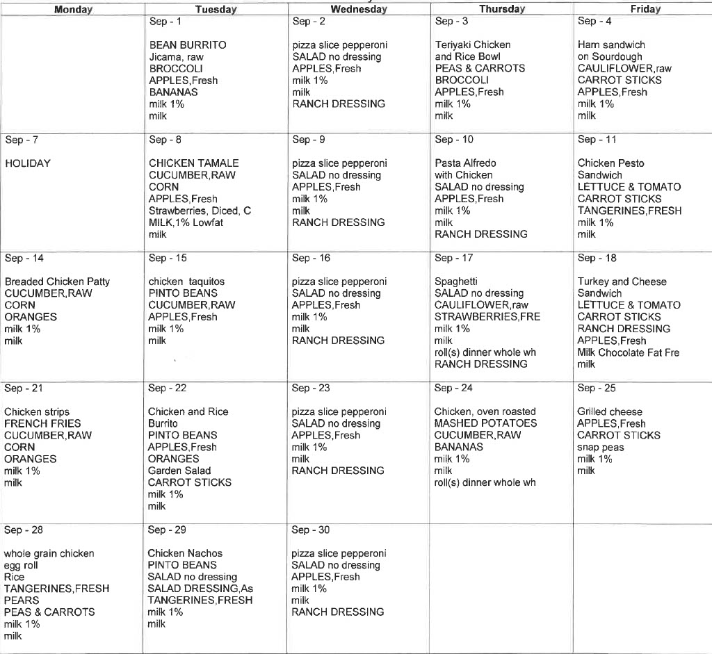 September Lunch Menu